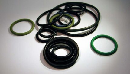 Set di O-ring e guarnizioni nere e verdi di diverse dimensioni su fondo chiaro